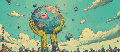 Two hands holding a globe amidst a cityscape. The city is filled with various structures, trees, and people. Earth day concept