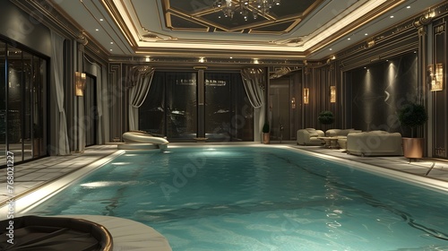 A large indoor swimming pool with luxurious and highend decorations  black gold style  French luxury style decoration