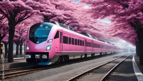A pink train in sakura station japan, with flourishing cherry blossoms along the railway . Generative AI