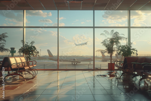 Realistic photo of an airport with an aircraft taking off. daylight