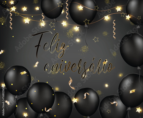 cartão ou banner para desejar um feliz aniversário em ouro em um fundo gradiente preto e cinza e ao redor de balões serpentinos pretos e estrelas douradas photo