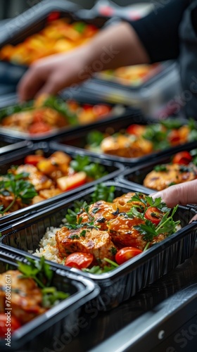 Prepared Meal Containers with Grilled Chicken, Vegetables, and Rice for Healthy Eating and Meal Prep