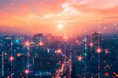 A network of digital technology connecting global media smart cities businesses and partnerships through internet communication. Concept Smart Cities, Global Media, Business Networks © Anastasiia