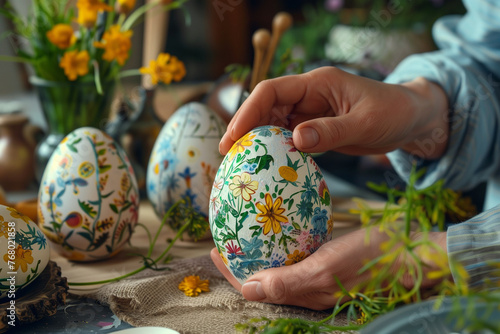 HANDS DECORATING AND PAINTING EASTER EGGS OF MANY COLORS AND DESIGNS.