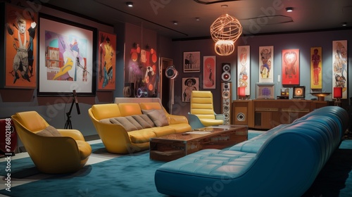 Retro home theater with vintage movie posters, marquee lighting, and funky seating © Aeman