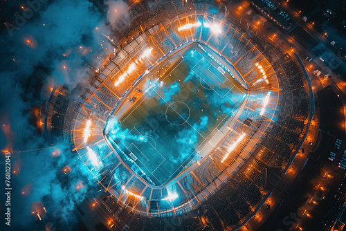 Aerial view of the football stadium. Football training in the illuminated stadium at night.