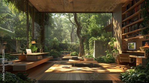 an eco-friendly virtual world that combines real forest textures with 3D sustainable living spaces, using earth tones and natural light, targeting environmentally conscious audiences.