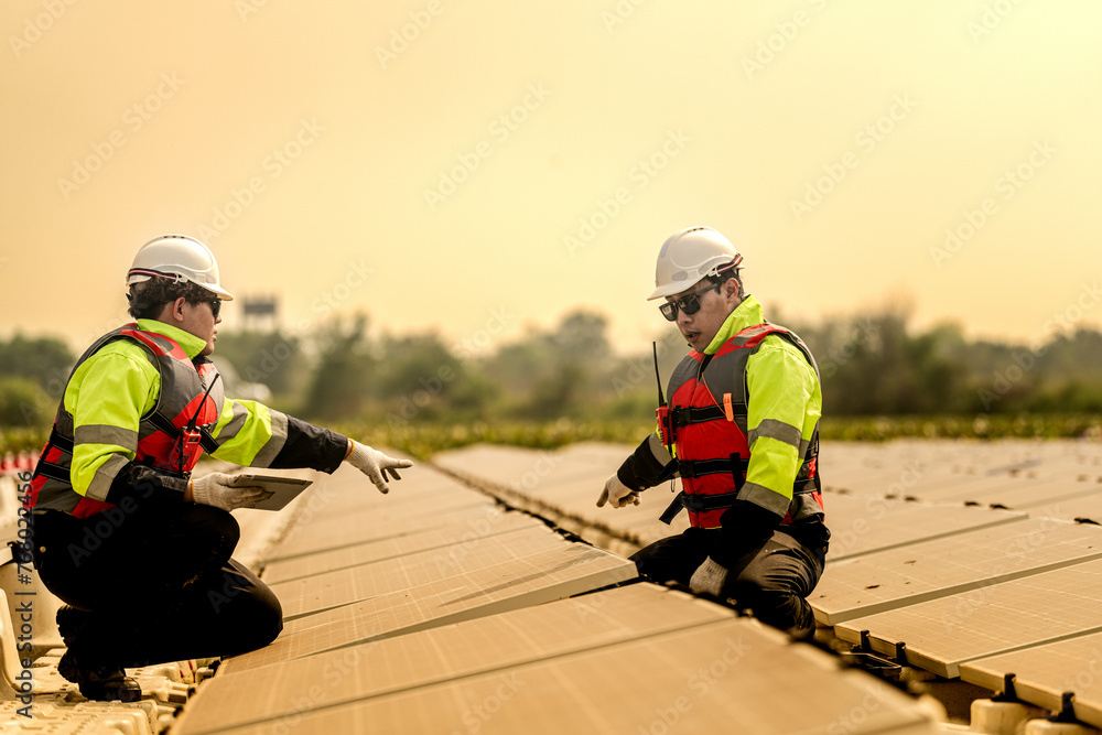 Photovoltaic engineers work on floating photovoltaics. workers Inspect and repair the solar panel equipment floating on water. Engineer working setup Floating solar panels Platform system on the lake. Photovoltaic engineers work on floating photovoltaics. workers Inspect and repair the solar panel equipment floating on water. Engineer working setup Floating solar panels Platform system on the lake.