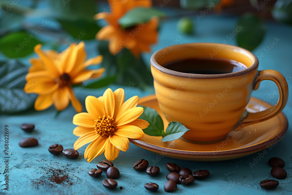 素朴な花とコーヒーのある風景 素朴な花とコーヒーのある風景