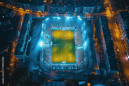 Aerial view of the football stadium. Football training in the illuminated stadium at night.