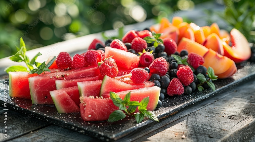 an image of a summer fruit platter with slices of watermelon, peaches, and berries, arranged in an inviting and artistic manner, set outdoors on a picnic table with natural lighting. - obrazy, fototapety, plakaty 