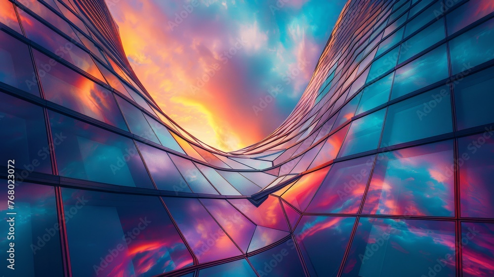 an image of a surreal urban landscape where buildings bend like ribbons in the wind, under a multicolored sky at twilight, showcasing the fusion of natural and artificial light. - obrazy, fototapety, plakaty 