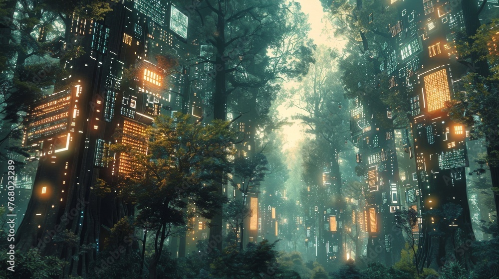 an image that fuses digital and natural worlds, showing a forest where the trees are made of circuitry and digital screens, highlighting the intersection of technology and the environment.
