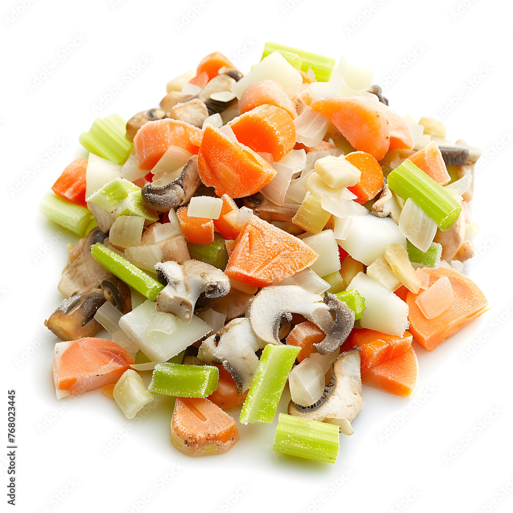 Pile of frozen mix of sliced champignons, diced carrot, diced potato, sliced celery, diced onion, sliced leek on white background Pile of frozen mix of sliced champignons, diced carrot, diced potato, sliced celery, diced onion, sliced leek on white background