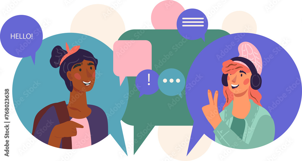 Online chat and social network. Social media and internet communication technology concept with cartoon characters in speech bubbles.