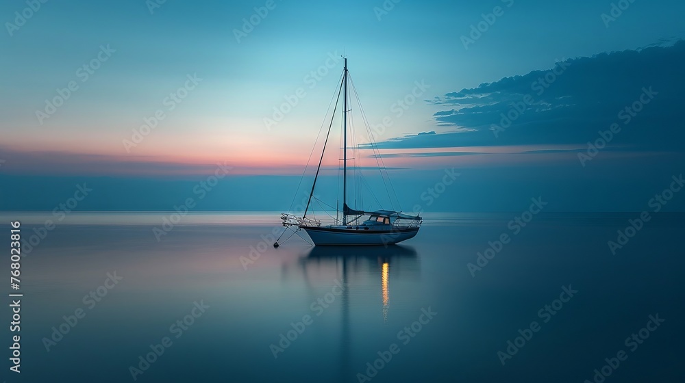 Distant yacht on tranquil waters under a dusky sky