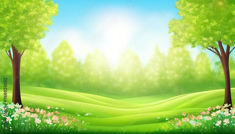 Obraz premium Beautiful blurred spring background nature with blooming glade, trees and blue sky on a sunny day.