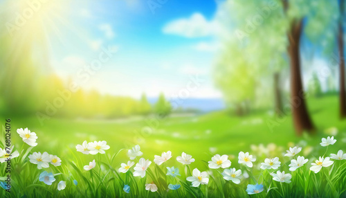 Beautiful blurred spring background nature with blooming glade, trees and blue sky on a sunny day.