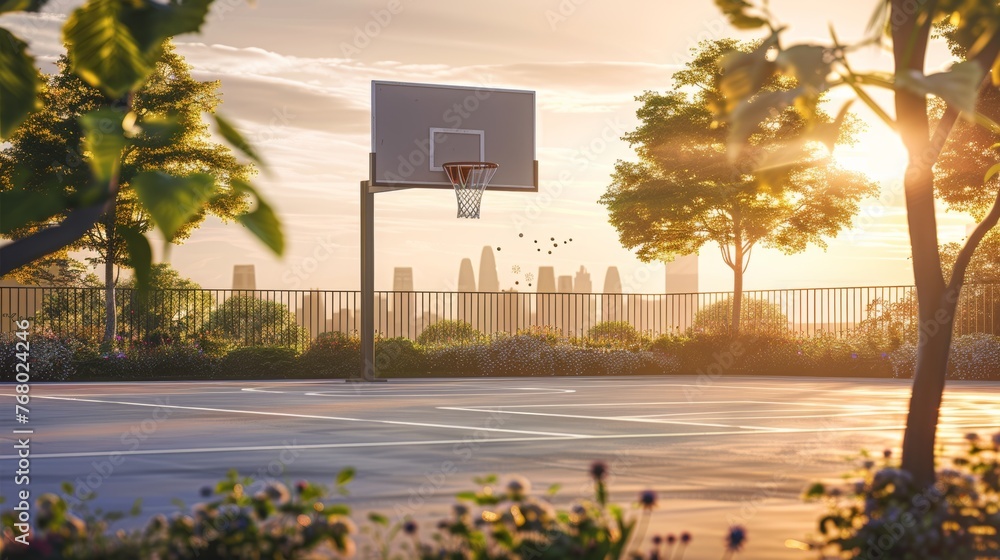 Basketball Spring Background Basketball court outside, simple style, sunset glow, spring's greenery ...
