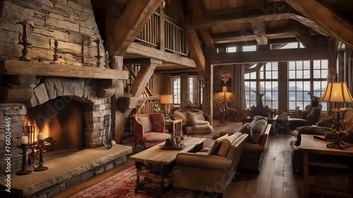Rustic hand-carved alpine ski chalet with massive wood beams, cozy bunkrooms, stone accents and charming patio with mountain views