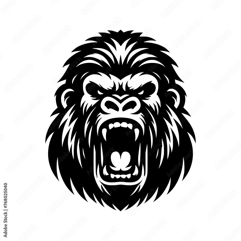Black and white logo of an angry gorilla isolated on a white background. Vector illustration of an ape head suitable for tattoos, logos, brands.