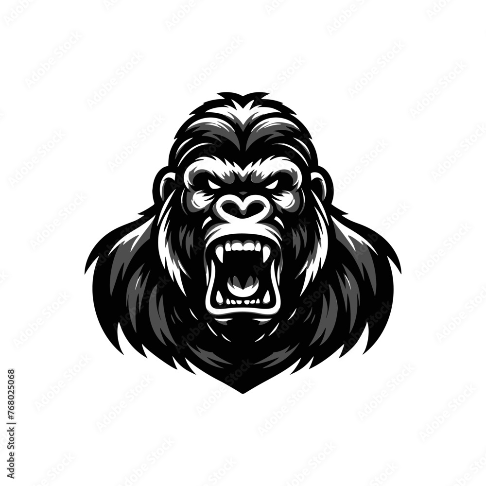 Black and white logo of an angry gorilla isolated on a white background. Vector illustration of an ape head suitable for tattoos, logos, brands. Black and white logo of an angry gorilla isolated on a white background. Vector illustration of an ape head suitable for tattoos, logos, brands.