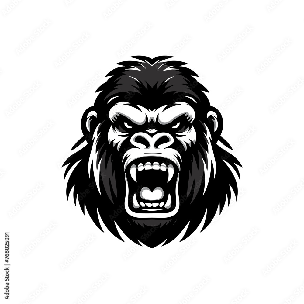 Black and white logo of an angry gorilla isolated on a white background. Vector illustration of an ape head suitable for tattoos, logos, brands.