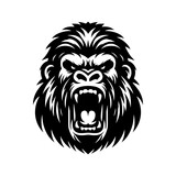 Black and white logo of an angry gorilla isolated on a white background. Vector illustration of an ape head suitable for tattoos, logos, brands.