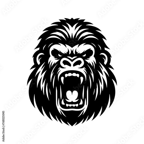 Black and white logo of an angry gorilla isolated on a white background. Vector illustration of an ape head suitable for tattoos  logos  brands.