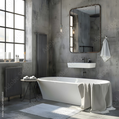 This bathroom features a stylish bathtub  sleek sink  and a functional mirror. The design is contemporary with concrete elements and a grey radiator adding a touch of industrial chic. 3d render.