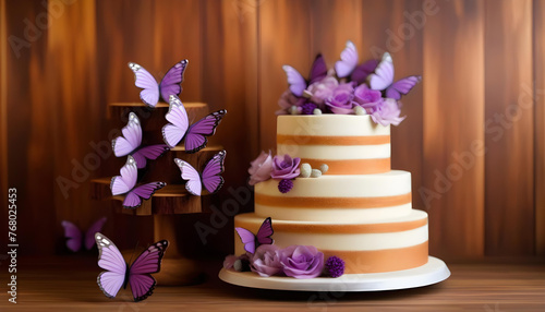 A close-up of a cake with purple butterfly decorations on a wooden background