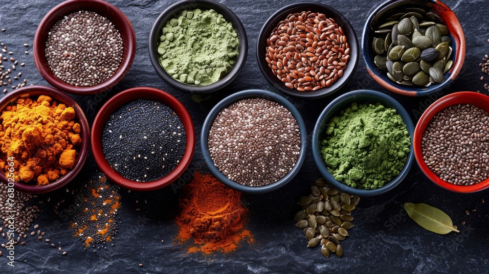 Illustrate an image focusing on a selection of superfoods like chia seeds, flax seeds, and spirulina powder, with each ingredient artistically placed in small bowls on a dark slate background. Illustrate an image focusing on a selection of superfoods like chia seeds, flax seeds, and spirulina powder, with each ingredient artistically placed in small bowls on a dark slate background.