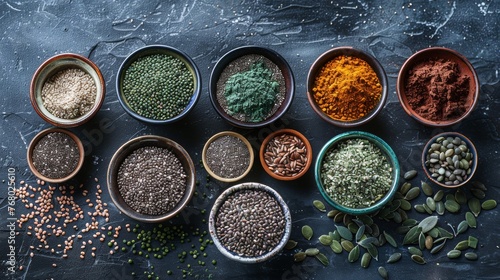 Illustrate an image focusing on a selection of superfoods like chia seeds, flax seeds, and spirulina powder, with each ingredient artistically placed in small bowls on a dark slate background.