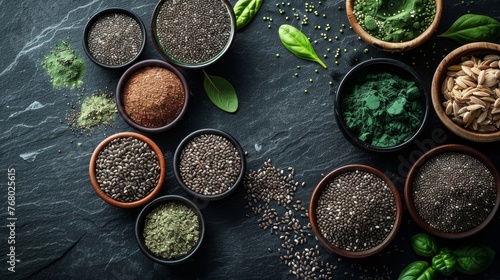 Illustrate an image focusing on a selection of superfoods like chia seeds, flax seeds, and spirulina powder, with each ingredient artistically placed in small bowls on a dark slate background.