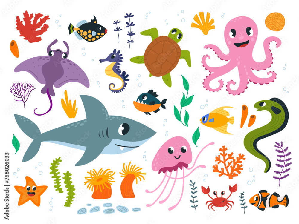 Underwater characters. Sea life, ocean animals, fish and seaweed. Cartoon shark and turtle, octopus, marine star and seahorse, classy vector set