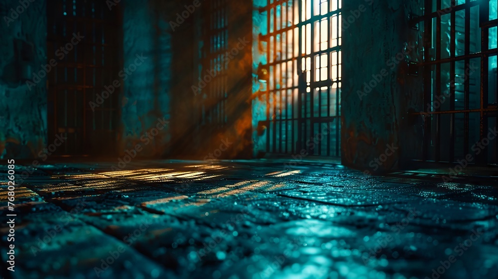 Moody shadows cast over empty prison cells - obrazy, fototapety, plakaty 