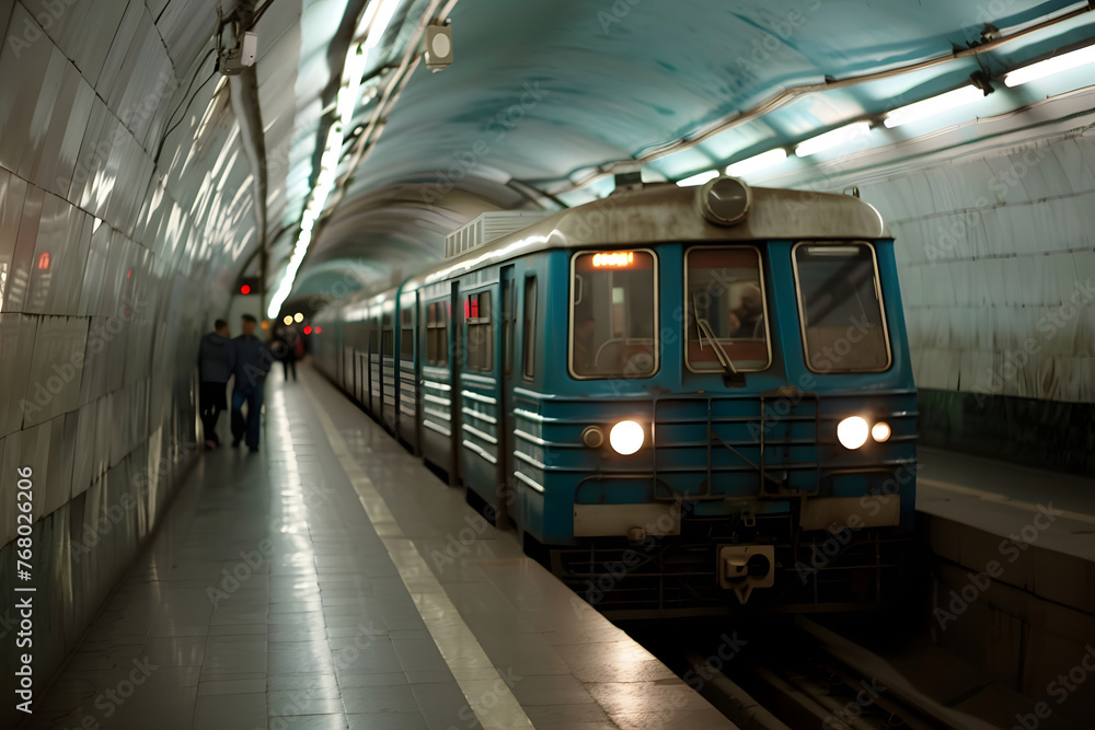 Urban transportation scene: modern metro train at the underground station