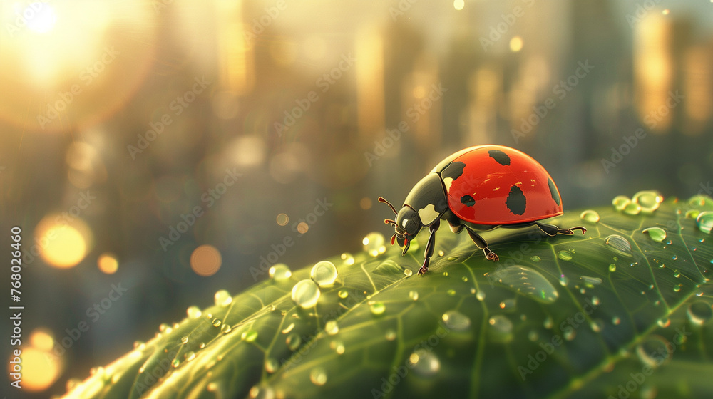 ladybird on a green leaf, water droplets, city in the background ladybird on a green leaf, water droplets, city in the background