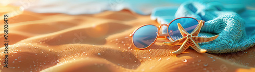 Bright and Inviting Summer Vacation Concept with Beach Towel, Starfish, and Sunglasses on Golden Sand, 3D Render, 3DCG