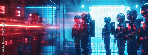 Illustration of cyber guardians, in sleek, futuristic armor, standing guard around a digital vault representing IAM, in a cybernetic space. Ensure open sky for text.