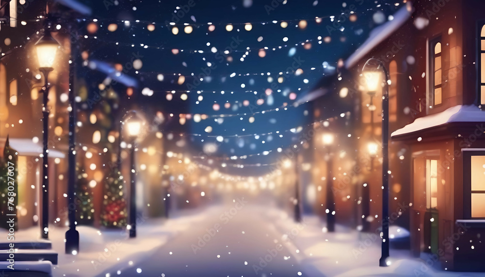 Beautiful blurred street of festive night or evening city with snowfall and Christmas lights. Abstract christmas defocused background. Beautiful blurred street of festive night or evening city with snowfall and Christmas lights. Abstract christmas defocused background.