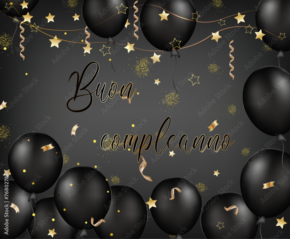 biglietto o striscione per augurare un felice compleanno in oro su uno sfondo sfumato nero e grigio e tutt'intorno palloncini serpentini neri e stelle dorate