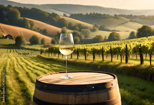 Glass of white wine on wooden wine barrel in the vineyards at susnset photo