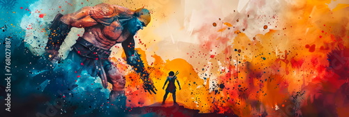 Captivating watercolor of David and Goliath, illustrating the triumph of courage and faith over adversity.. Generative AI photo