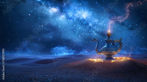 Mystical genie lamp releasing smoke under starry desert sky