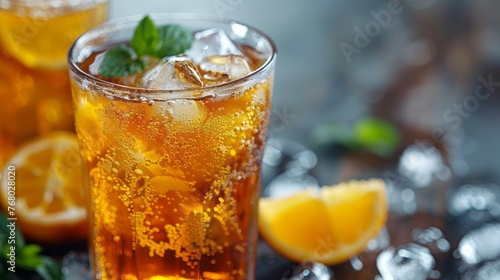 Refreshing glass of iced tea, condensation glistening, promising a cool and revitalizing sip