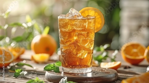 Refreshing glass of iced tea, condensation glistening, promising a cool and revitalizing sip