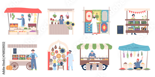 Flat market stall. Different stalls with east asian goods and food. Fresh fruits vegetables, spices and souvenirs. Flat exotic stands and people, recent vector set