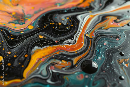 A painting of a swirl of colors with black and orange