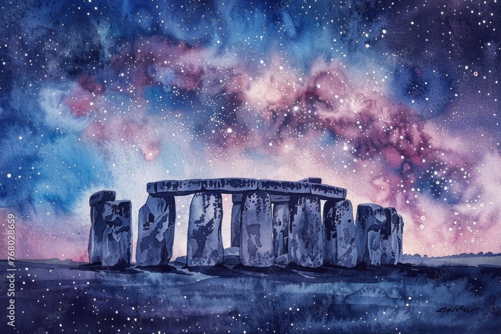 Majestic Stonehenge Monument Standing Tall Amidst Radiant Starlit Night Sky in Stunning Watercolor Artwork Illustration - obrazy, fototapety, plakaty 